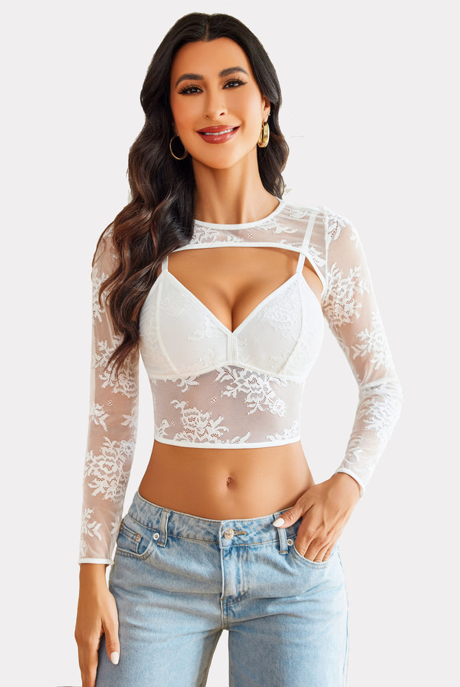 White lace cami top and shrug lingerie set with floral lace and long sleeves.