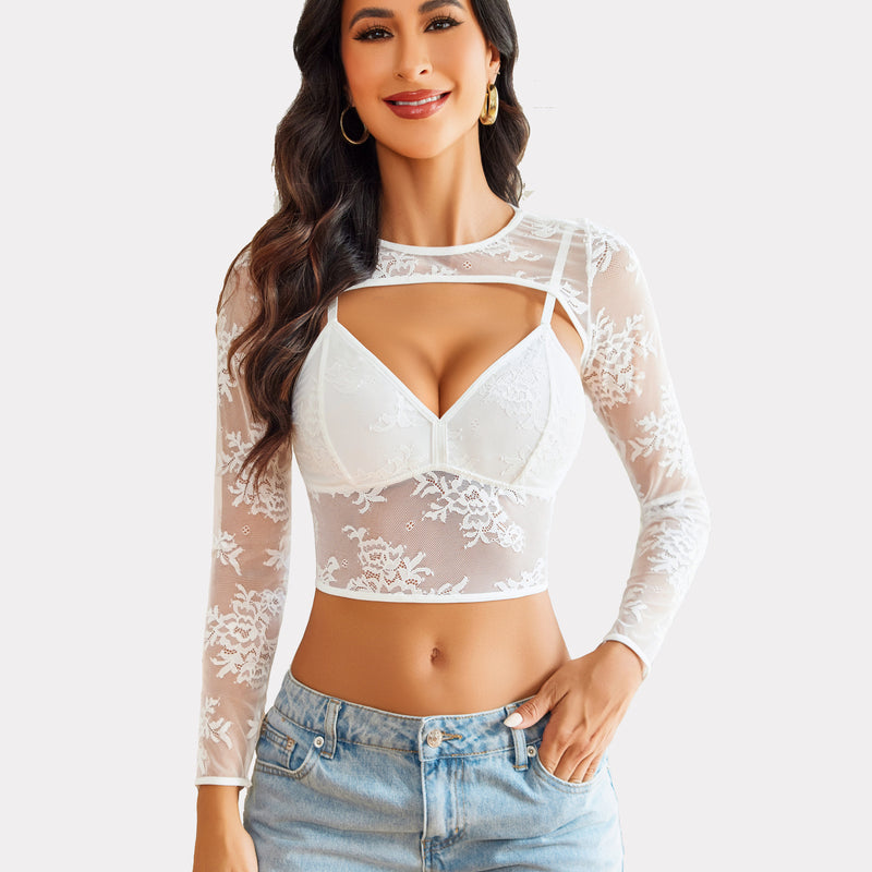 White lace cami top and shrug lingerie set with floral lace and long sleeves.