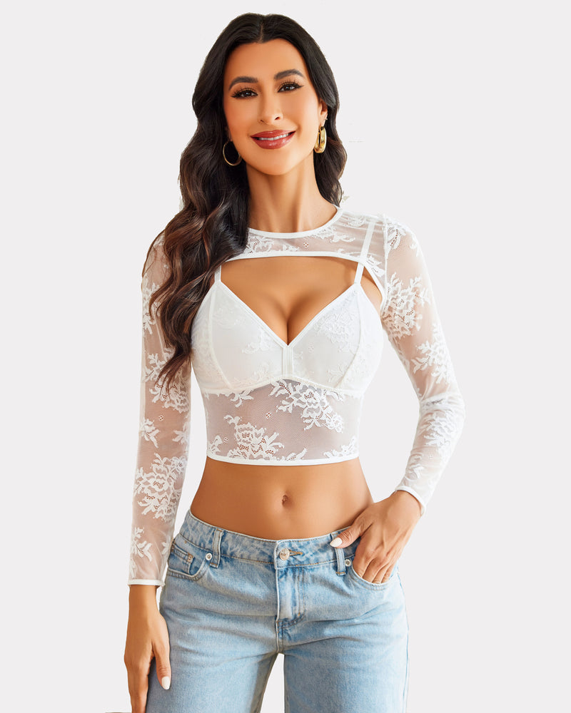 White lace cami top and shrug lingerie set with floral lace and long sleeves.
