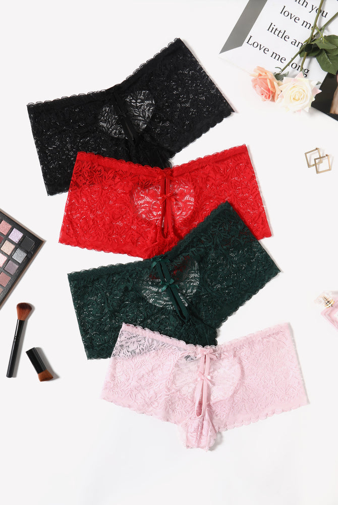 Avidlove Lace BoyShorts panties in black, red, green, and pink, heart design, bow accent