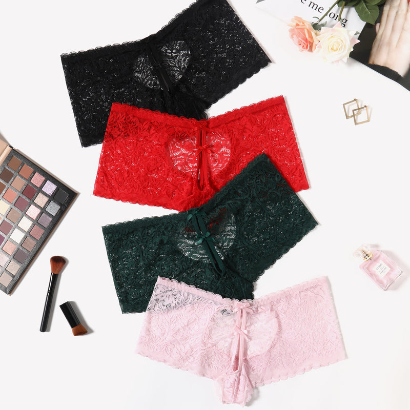 Avidlove Lace BoyShorts panties in black, red, green, and pink, heart design, bow accent