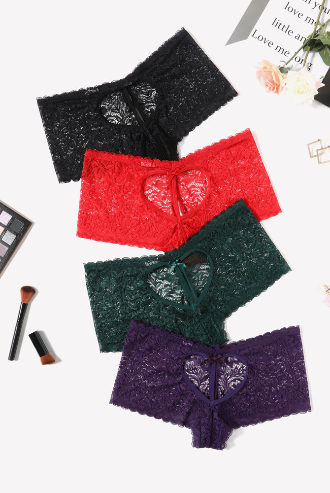 Avidlove Lace BoyShorts panties in black, red, green, and purple with heart design and bow accent
