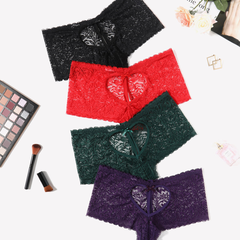 Avidlove Lace BoyShorts panties in black, red, green, and purple with heart design and bow accent
