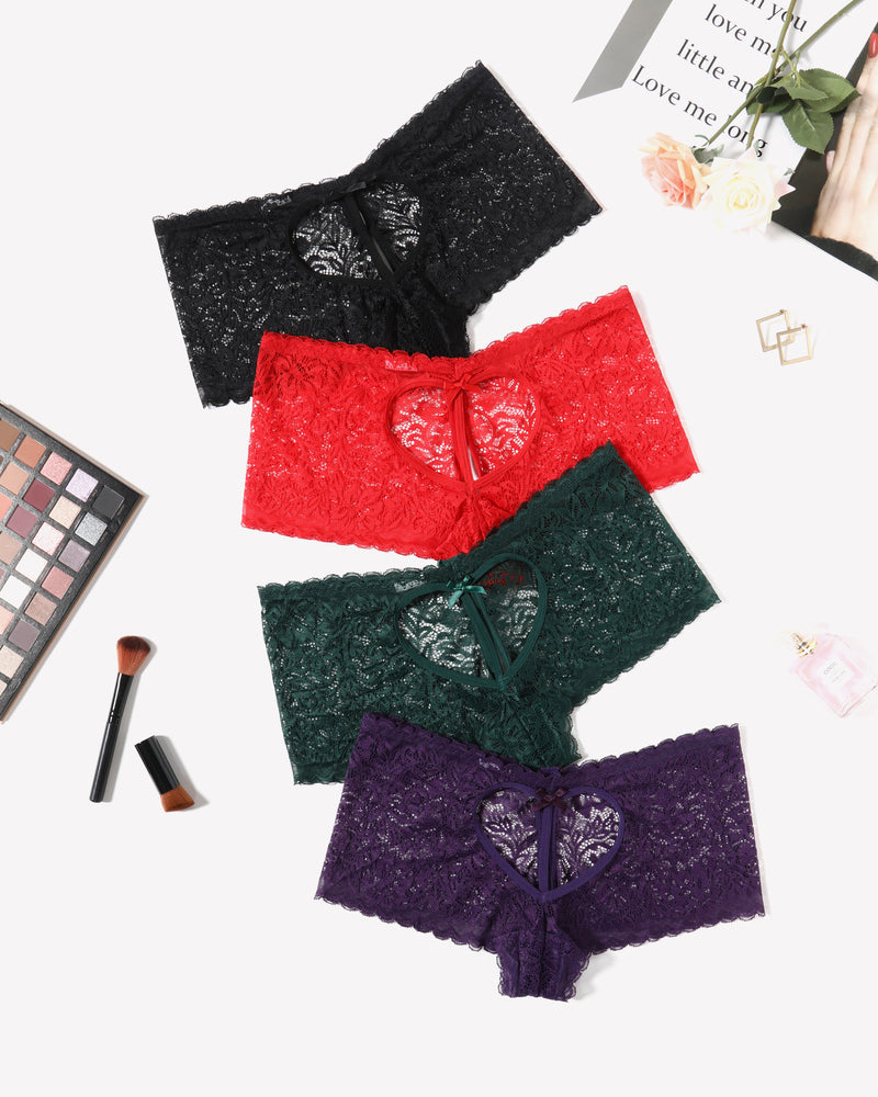 Avidlove Lace BoyShorts panties in black, red, green, and purple with heart design and bow accent