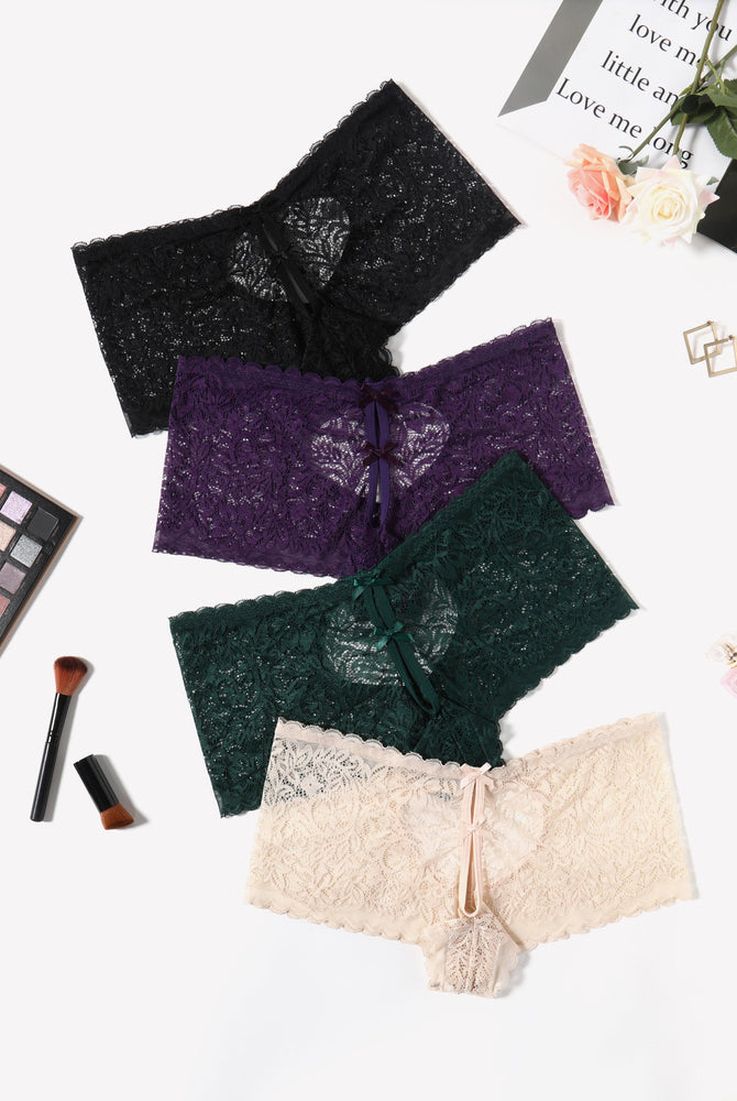 Avidlove Lace BoyShorts panties in black, purple, green, and beige with heart design and bow accent