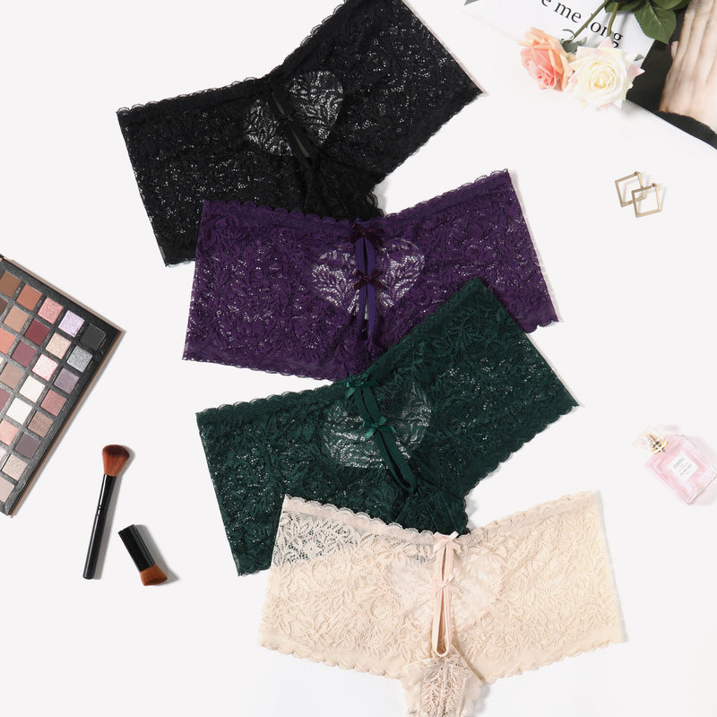Avidlove Lace BoyShorts panties in black, purple, green, and beige with heart design and bow accent