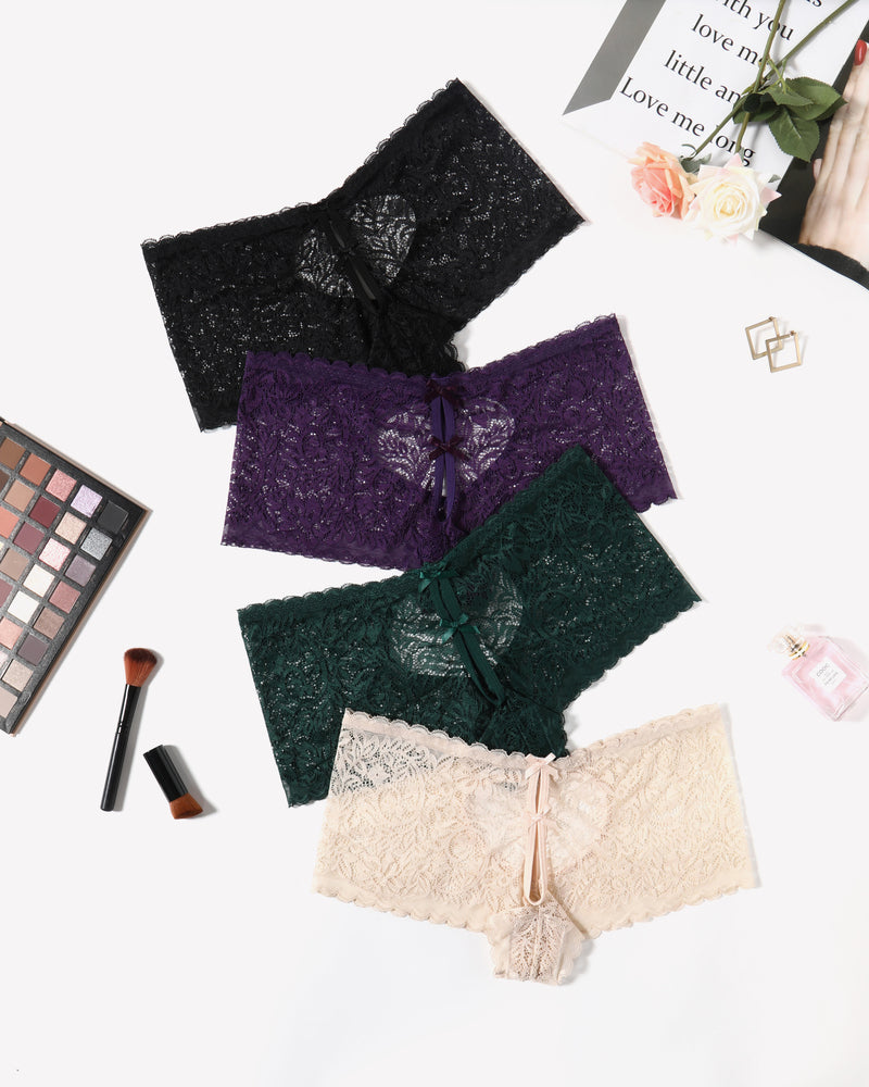 Avidlove Lace BoyShorts panties in black, purple, green, and beige with heart design and bow accent