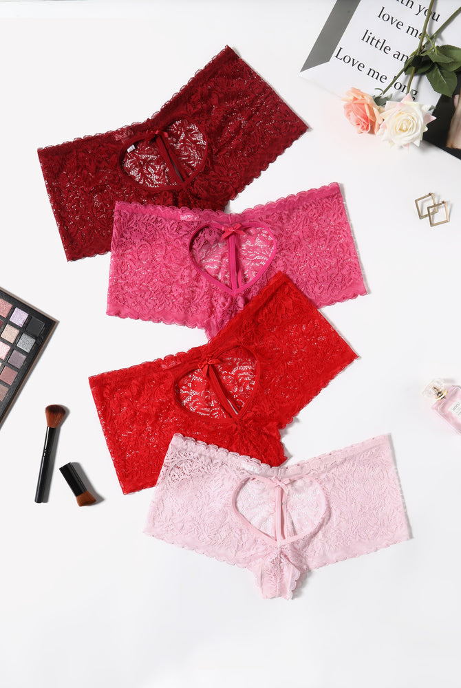 Avidlove Lace BoyShorts panties in red, pink, burgundy, and light pink, heart design, bow accent