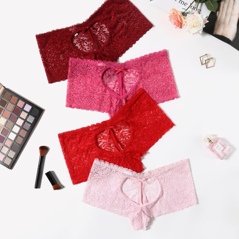 Avidlove Lace BoyShorts panties in red, pink, burgundy, and light pink, heart design, bow accent