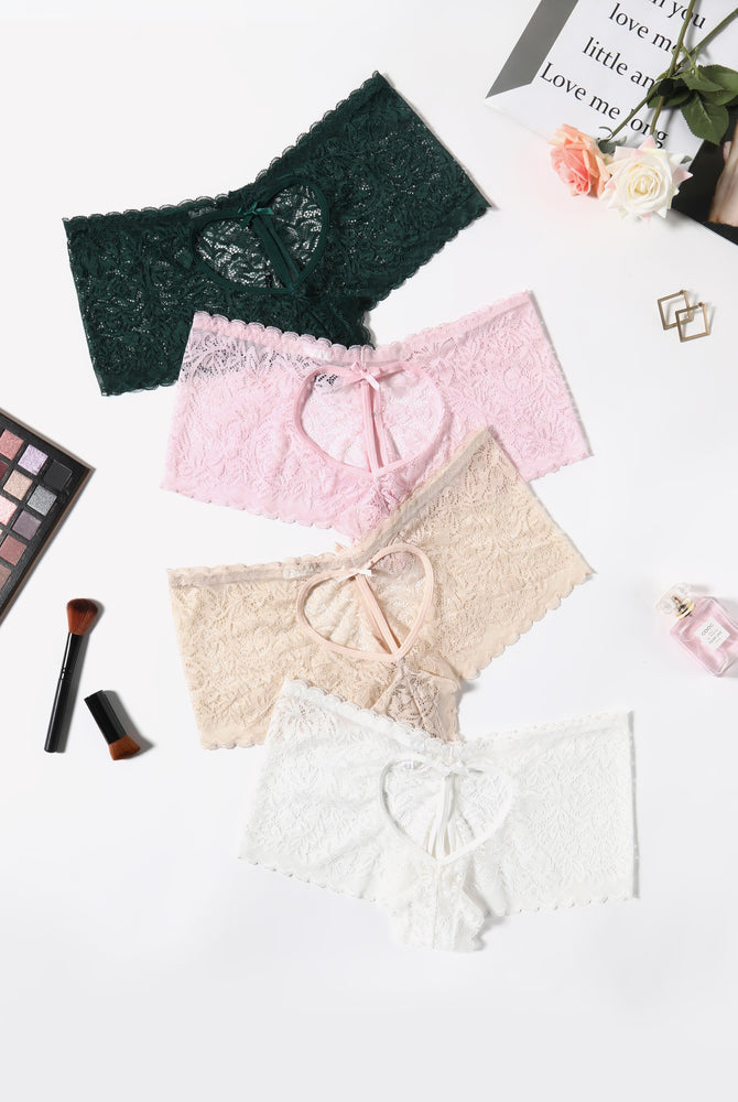 Lace BoyShorts panties in green, pink, beige, and white, heart design, bow accent, no-line look