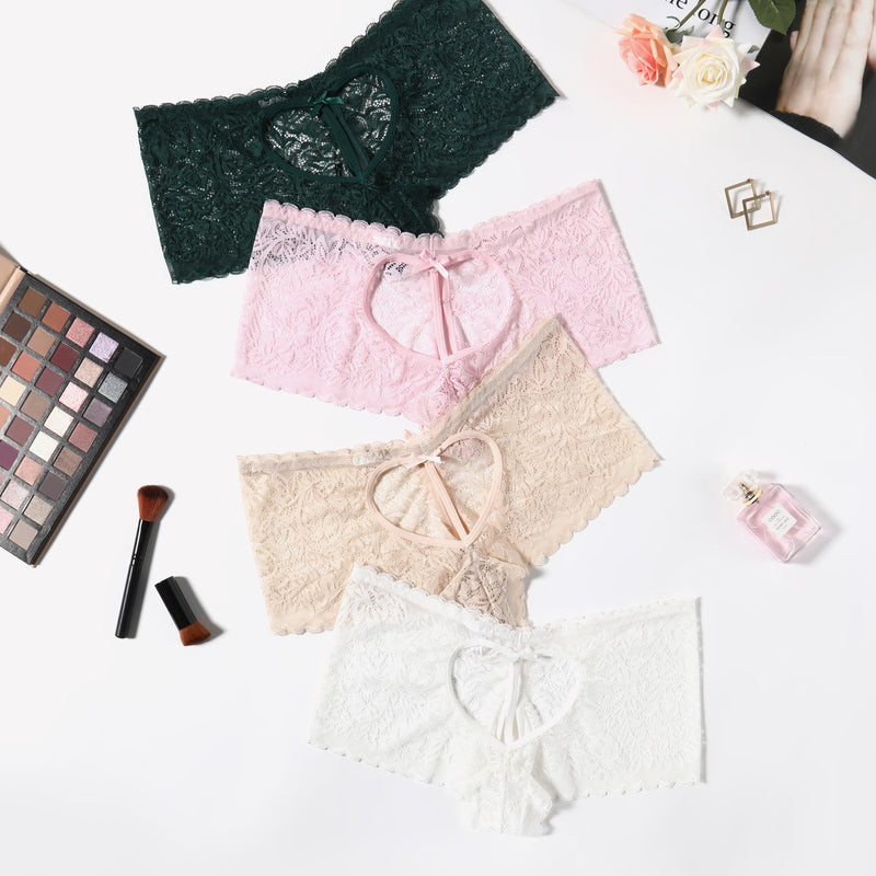 Lace BoyShorts panties in green, pink, beige, and white, heart design, bow accent, no-line look