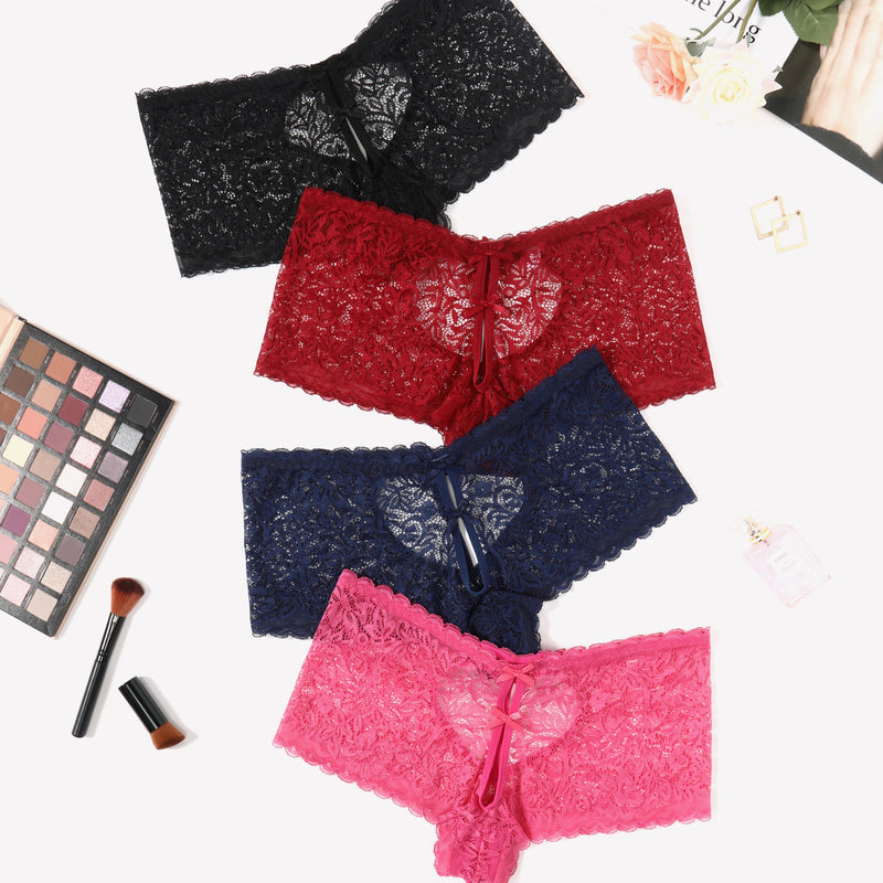 Avidlove Lace Boy Shorts Panties in Black, Red, Navy, and Pink with Heart Design