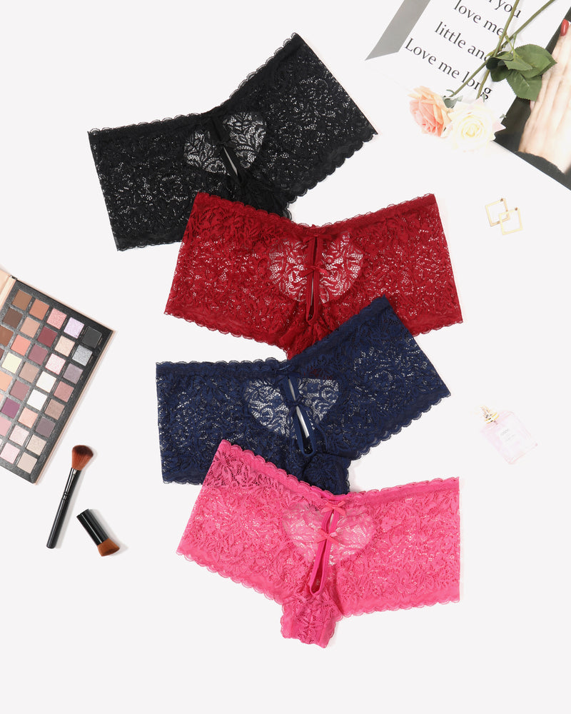 Avidlove Lace Boy Shorts Panties in Black, Red, Navy, and Pink with Heart Design