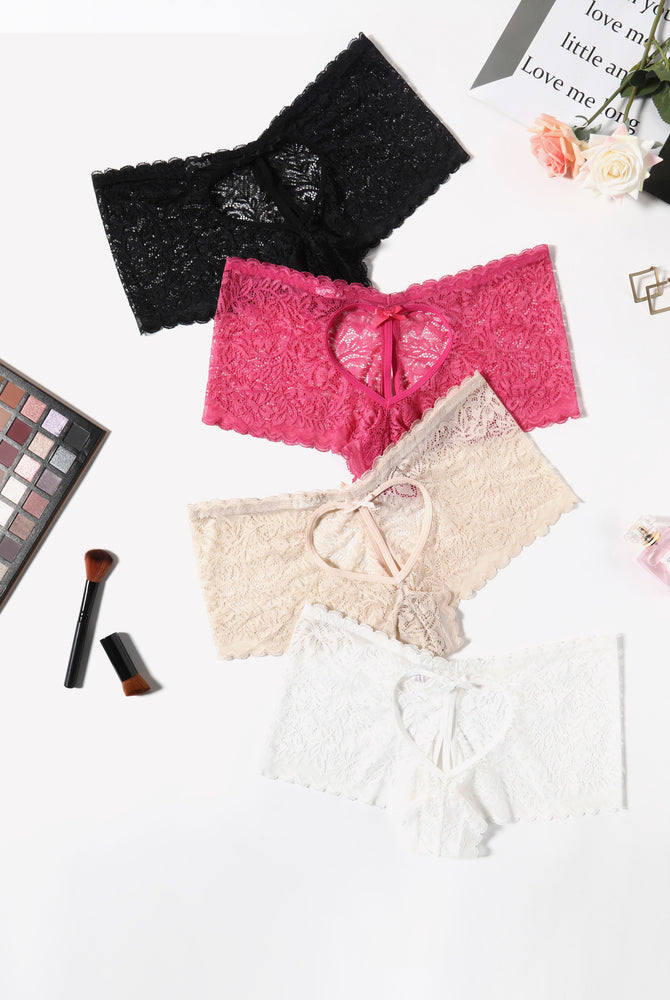 Avidlove Lace BoyShorts in black, pink, beige, and white with heart design and bow accent