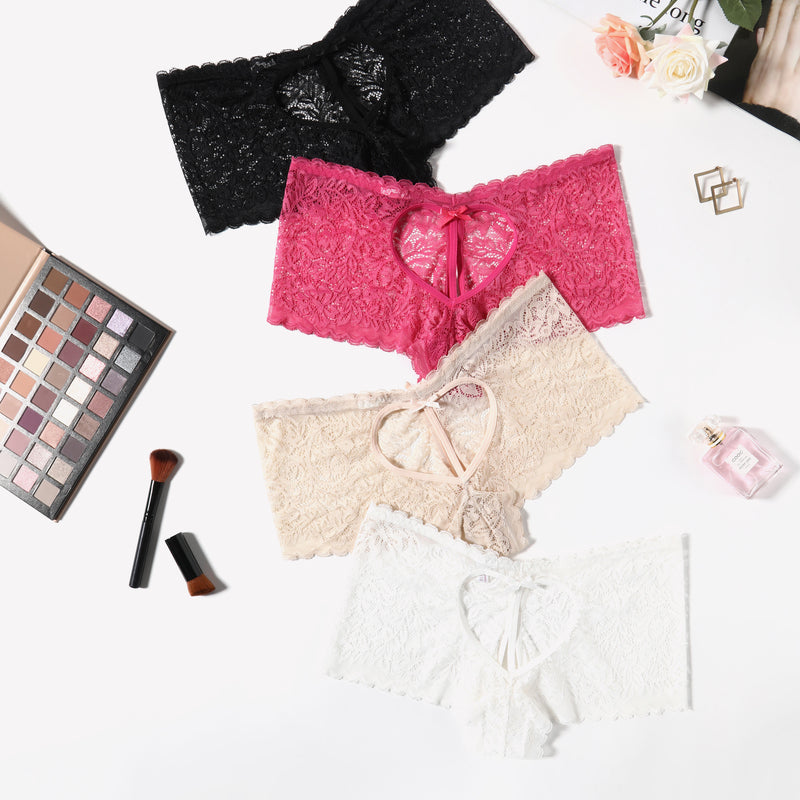 Avidlove Lace BoyShorts in black, pink, beige, and white with heart design and bow accent