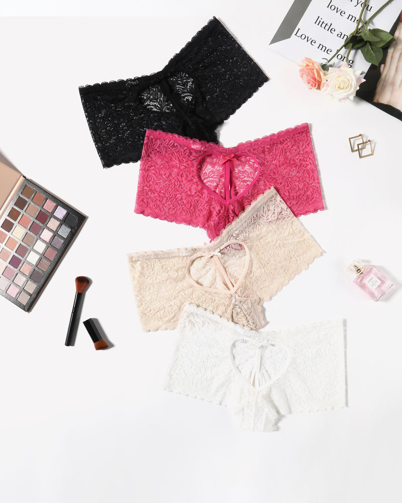 Avidlove Lace BoyShorts in black, pink, beige, and white with heart design and bow accent