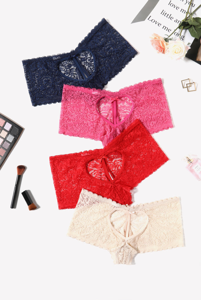 Avidlove Lace BoyShorts panties in navy, pink, red, and beige with heart design and bow accent