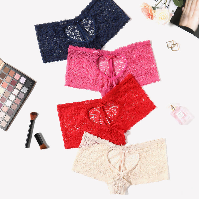 Avidlove Lace BoyShorts panties in navy, pink, red, and beige with heart design and bow accent