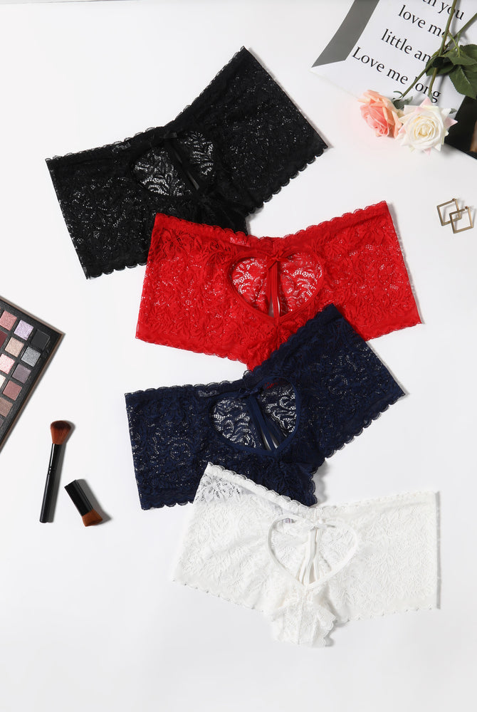 Lace boy shorts panties in black, red, navy, and white with heart design and bow accent