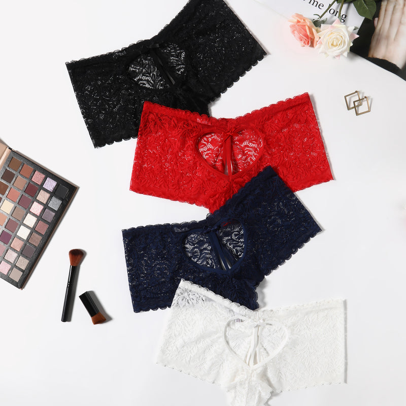 Lace boy shorts panties in black, red, navy, and white with heart design and bow accent