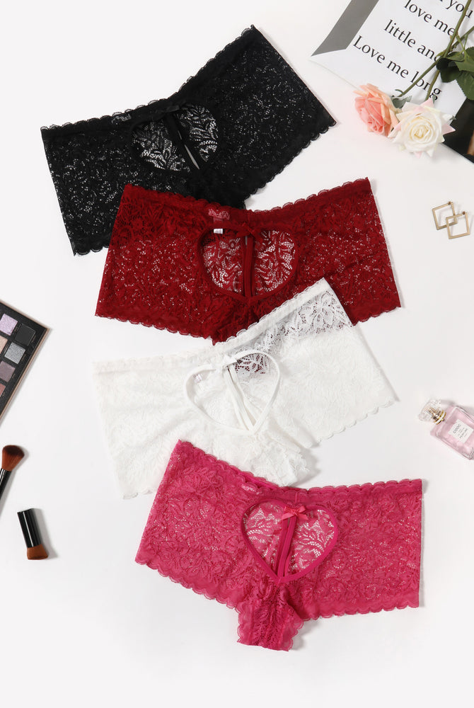 Lace BoyShorts panties in black, red, white, and pink, heart design, bow accent, mid-waist