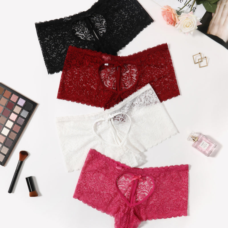 Lace BoyShorts panties in black, red, white, and pink, heart design, bow accent, mid-waist