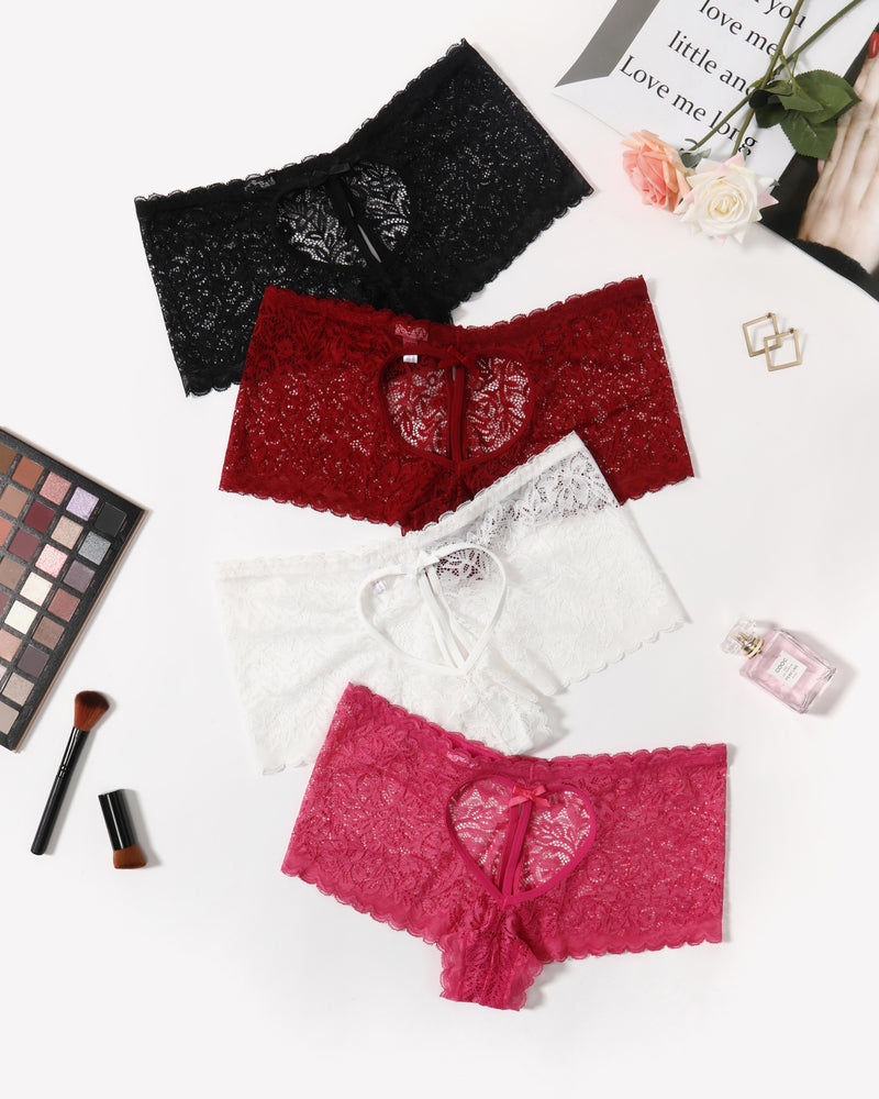 Lace BoyShorts panties in black, red, white, and pink, heart design, bow accent, mid-waist