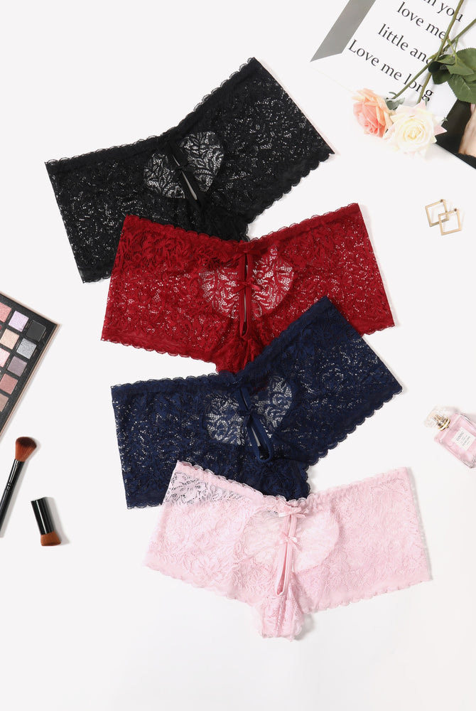 Avidlove Lace BoyShorts panties in black, red, navy, and pink with heart design and bow accent