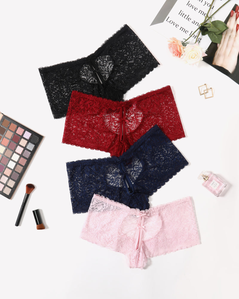 Avidlove Lace BoyShorts panties in black, red, navy, and pink with heart design and bow accent