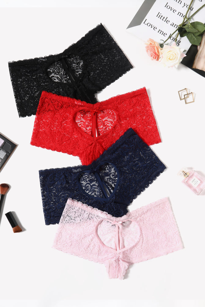 Multi-color lace boy shorts with heart-shaped design and bow accent for a comfortable, stylish fit.