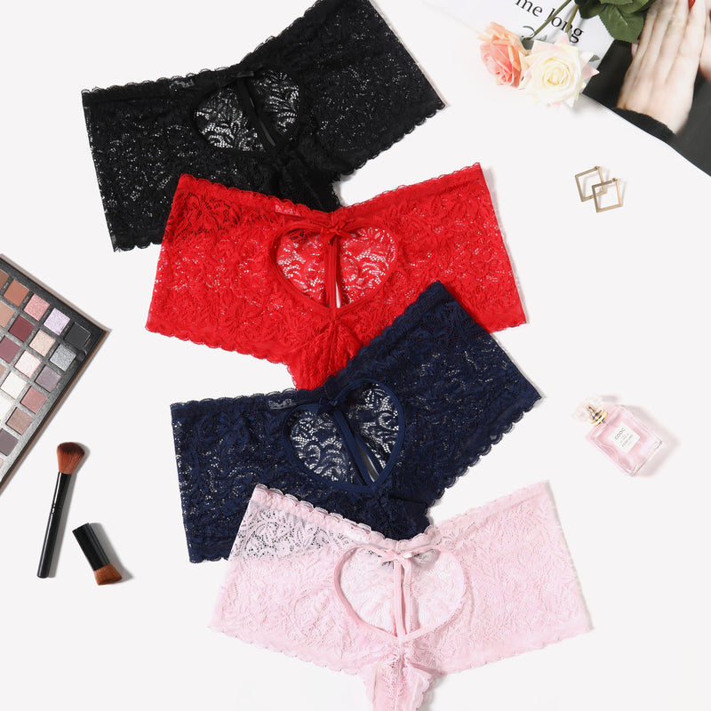 Multi-color lace boy shorts with heart-shaped design and bow accent for a comfortable, stylish fit.