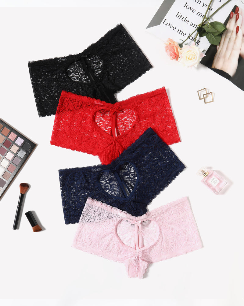 Multi-color lace boy shorts with heart-shaped design and bow accent for a comfortable, stylish fit.
