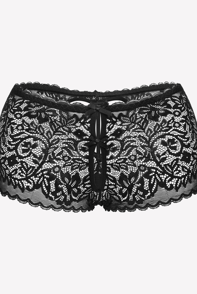 Black lace boy shorts with heart-shaped hollow design and bow accent, mid-waist panties