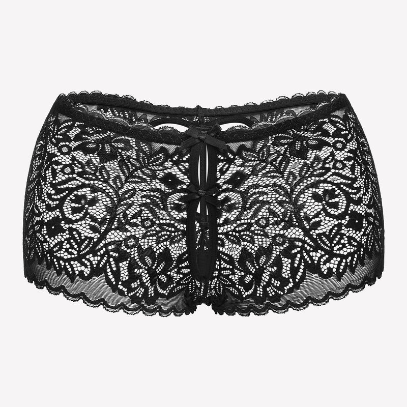 Black lace boy shorts with heart-shaped hollow design and bow accent, mid-waist panties