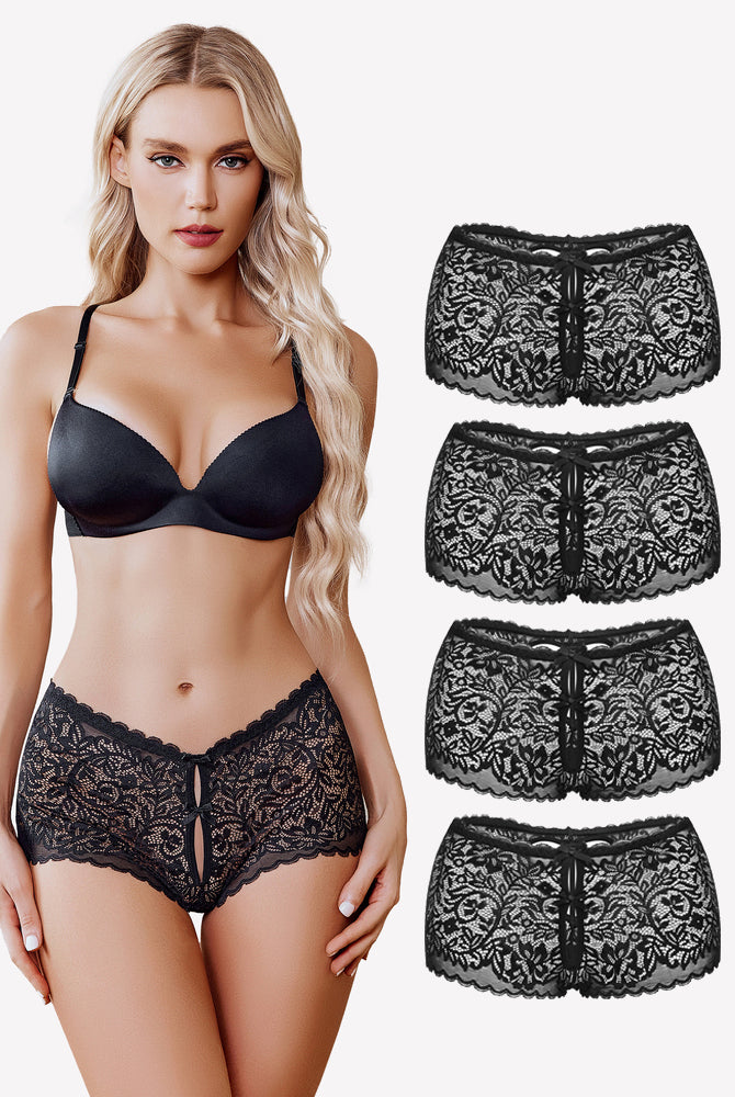 Black lace boy shorts with heart-shaped hollow design, mid-waist panties, and matching bra