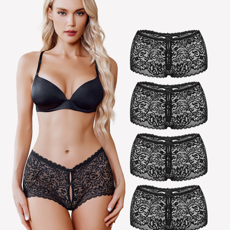 Black lace boy shorts with heart-shaped hollow design, mid-waist panties, and matching bra