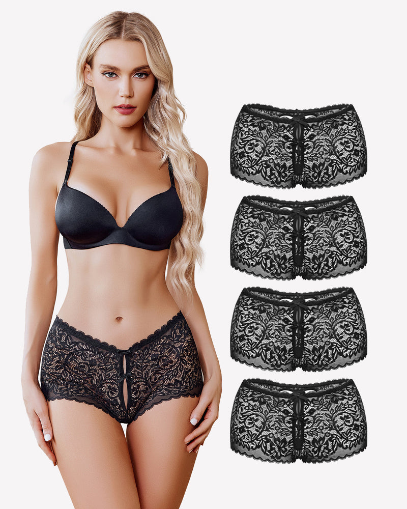 Black lace boy shorts with heart-shaped hollow design, mid-waist panties, and matching bra