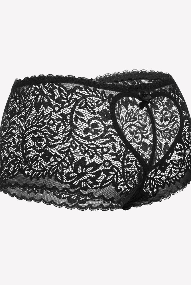 Black lace boy shorts panties with heart-shaped hollow design, mid-waist, and exquisite bow accent