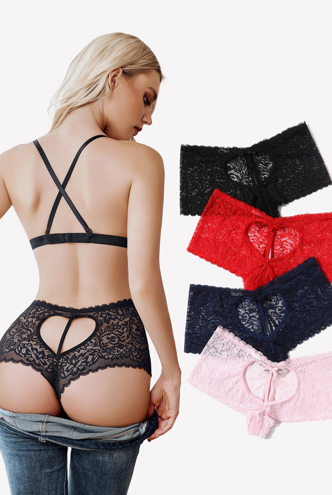 Black lace boy shorts with heart-shaped hollow design. Available in black, red, navy, and pink.