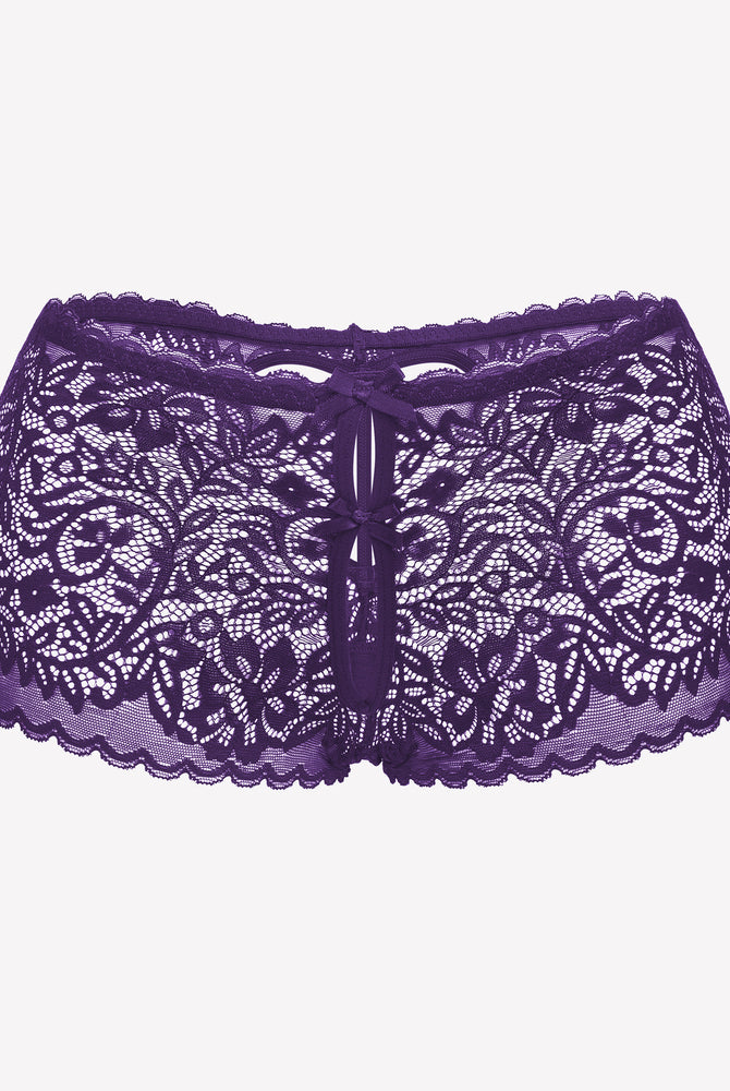 Purple lace boy shorts with bow accent. Mid-waist, soft lace panties for a no-line look.