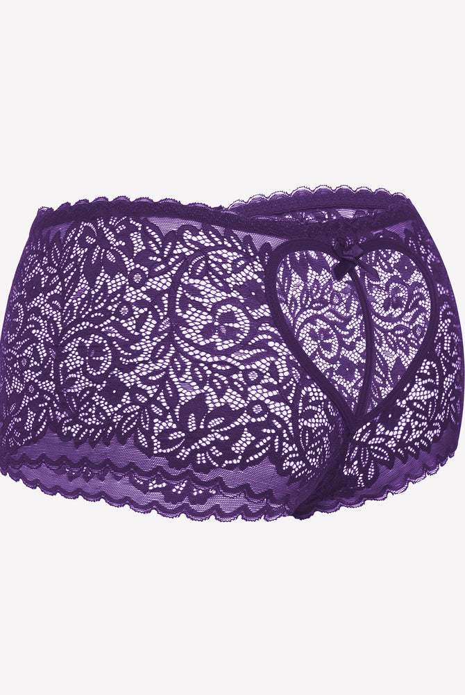Purple lace boy shorts with heart-shaped hollow design, bow accent. Mid-waist, soft lace panties.