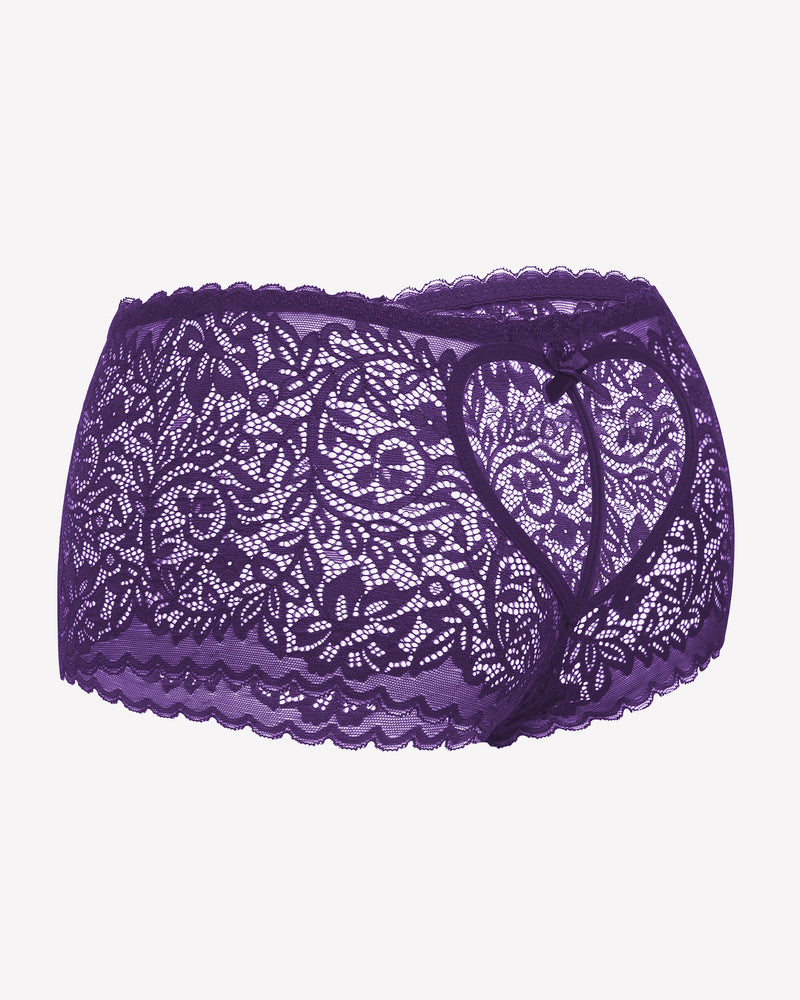 Purple lace boy shorts with heart-shaped hollow design, bow accent. Mid-waist, soft lace panties.