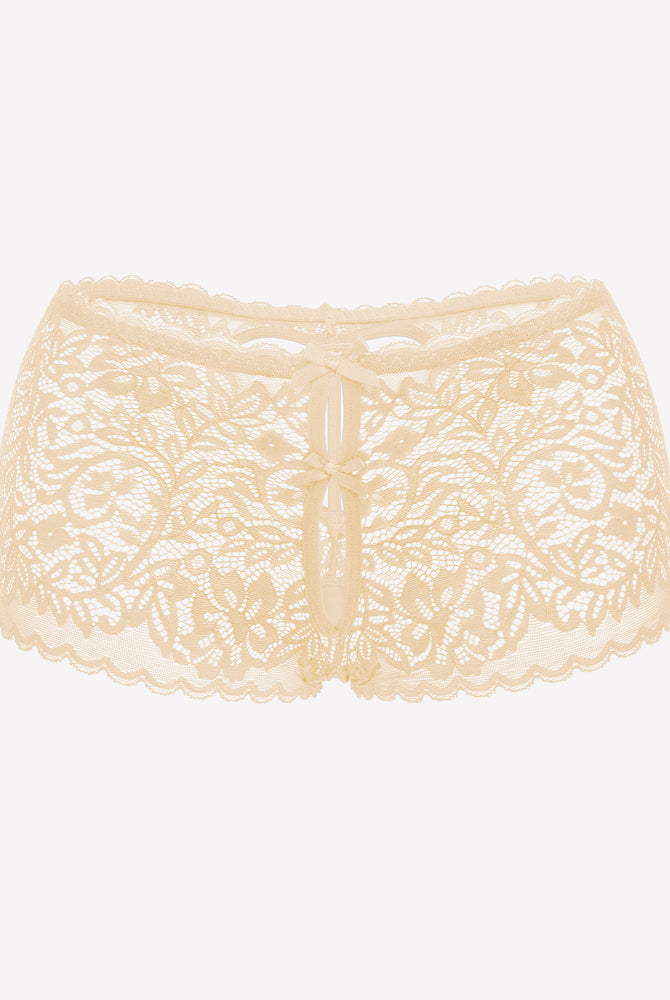Beige lace boy shorts with bow accent. Mid-waist, soft lace panties for a no-line look.