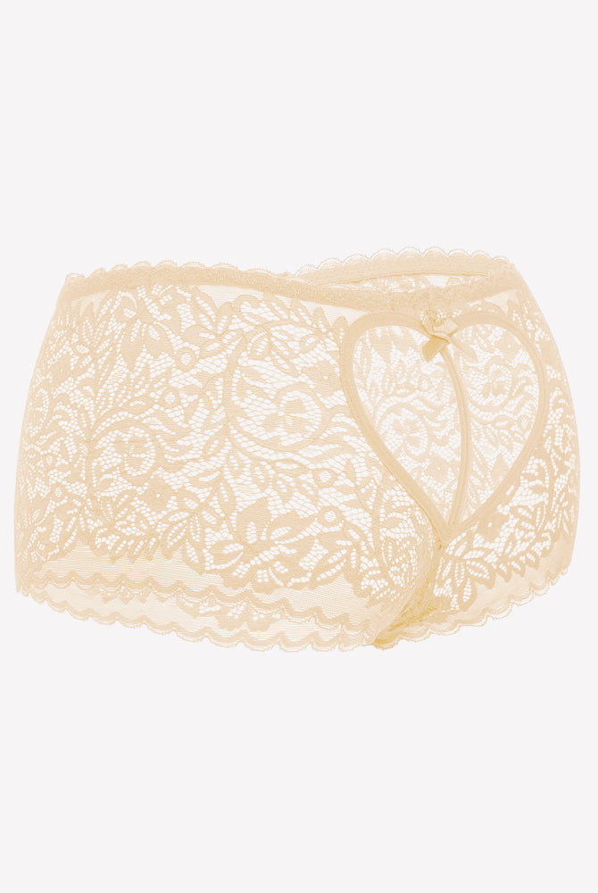 Beige lace boy shorts with heart-shaped design and bow accent. Mid-waist, soft lace panties.