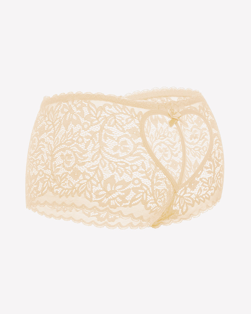 Beige lace boy shorts with heart-shaped design and bow accent. Mid-waist, soft lace panties.