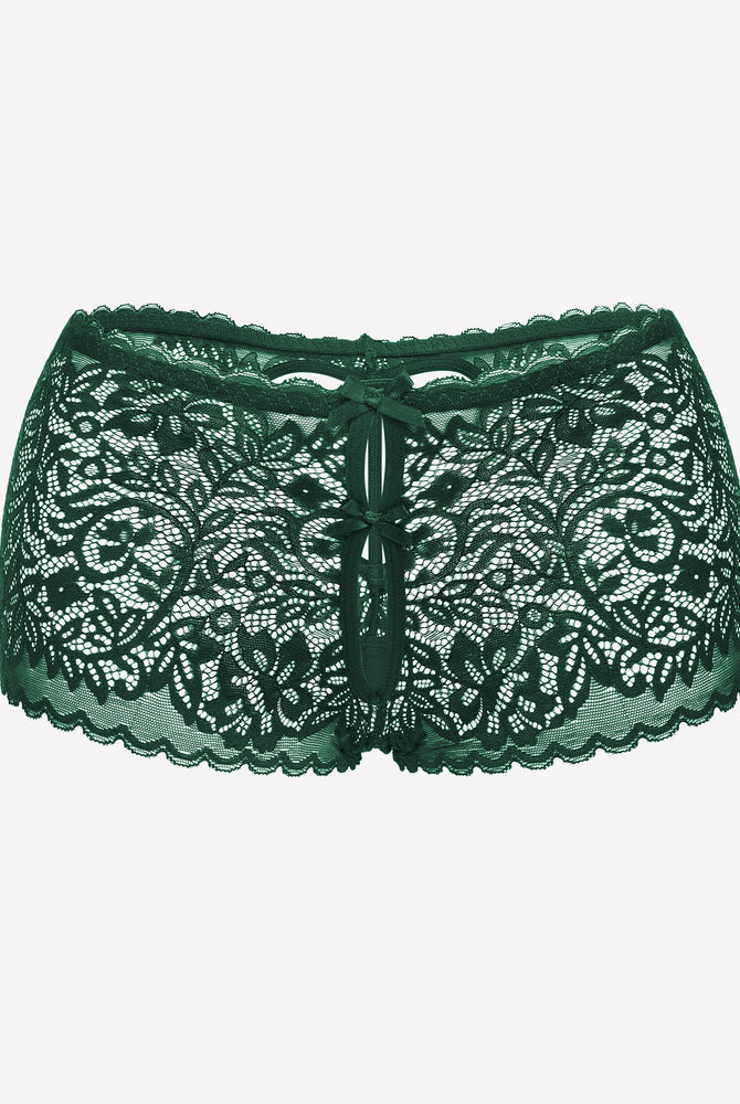 Green lace boy shorts with bow accent, mid-waist panties, no-line look