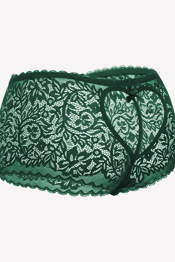 Emerald green lace boy shorts with heart-shaped hollow design and bow accent, mid-waist panties