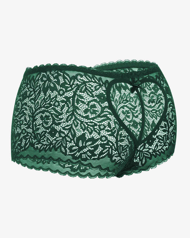 Emerald green lace boy shorts with heart-shaped hollow design and bow accent, mid-waist panties
