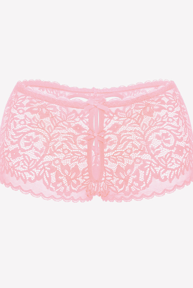 Pink lace boy shorts with bow accent, mid-waist panties, soft lace for a no-line look
