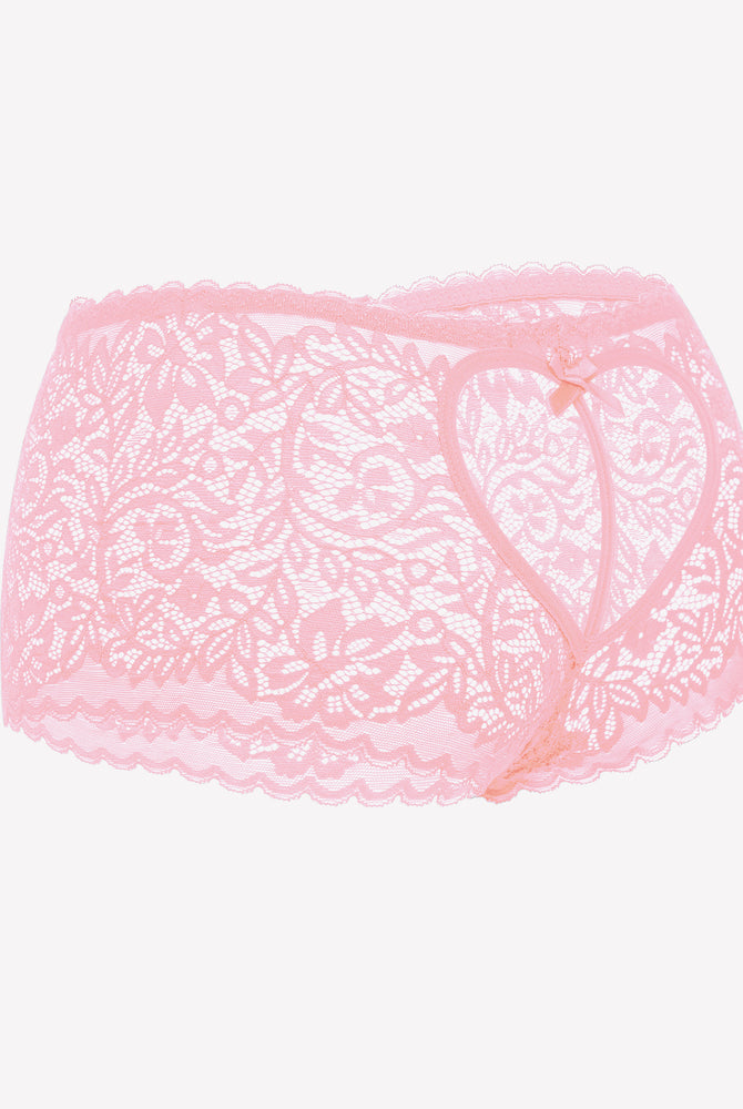 Pink lace boy shorts with heart-shaped hollow design, bow accent. Mid-waist, soft lace panties.